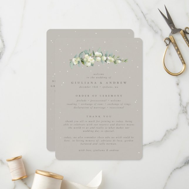 Greige Snowberry+Eucalyptus Stem Winter Wedding Programm (Vorderseite/Rückseite Beispiel)