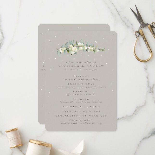 Greige Snowberry+Eucalyptus Stem Winter Wedding Programm (Vorderseite/Rückseite Beispiel)