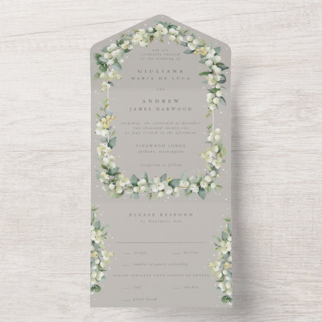 Greige Snowberry+Eucalyptus Wedding All In One Einladung (Innen)