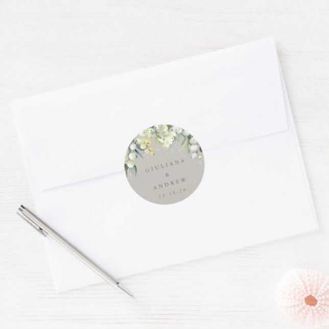 Greige Snowberry+Eucalyptus Wedding Classic Runder Aufkleber (Umschlag)