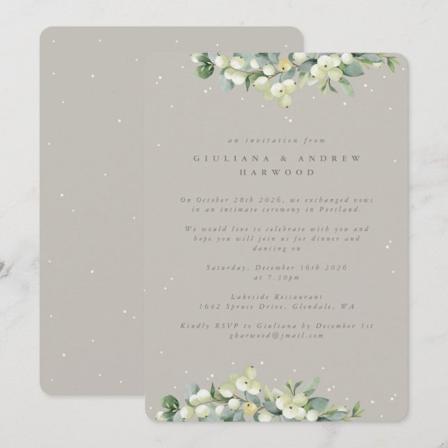 Greige Snowberry+Eucalyptus Wedding Empfang Einladung (Vorne/Hinten)