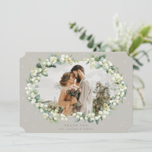 Greige Snowberry+Eucalyptus Wedding Flat Foto Dankeskarte