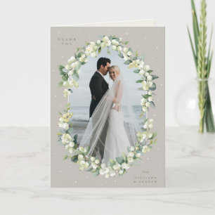 Greige Snowberry+Eucalyptus Wedding Foto geklappt Dankeskarte