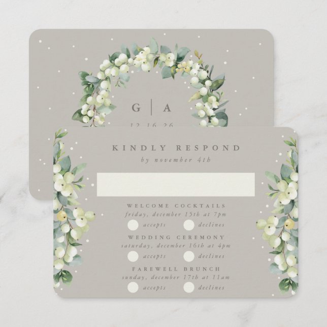 Greige Snowberry+Eucalyptus Wedding Multi-Event RSVP Karte (Vorne/Hinten)