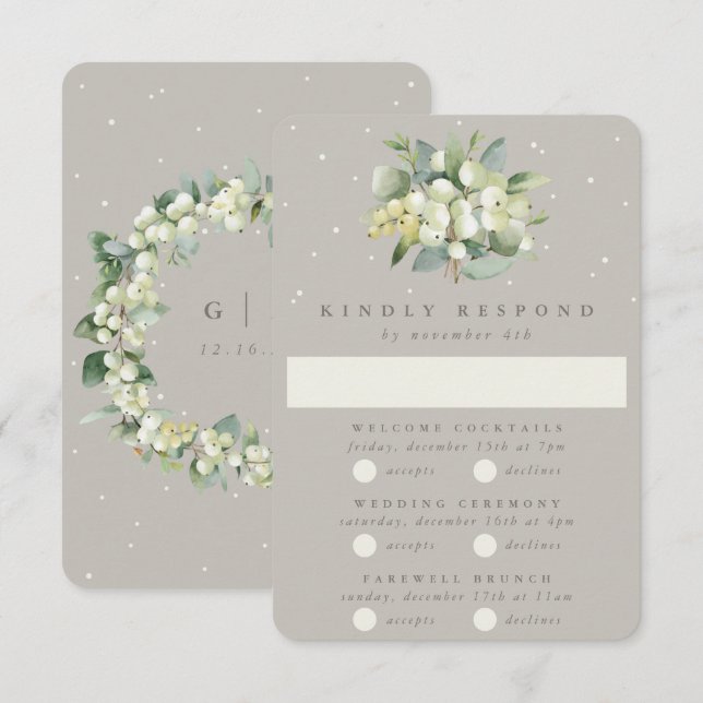 Greige Snowberry+Eucalyptus Wedding Multi-Event RSVP Karte (Vorne/Hinten)