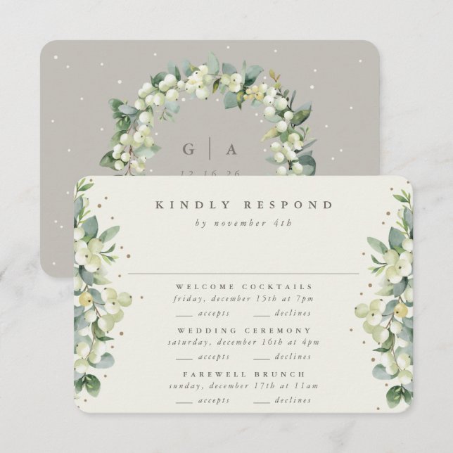 Greige Snowberry+Eucalyptus Wedding Multi-Event RSVP Karte (Vorne/Hinten)