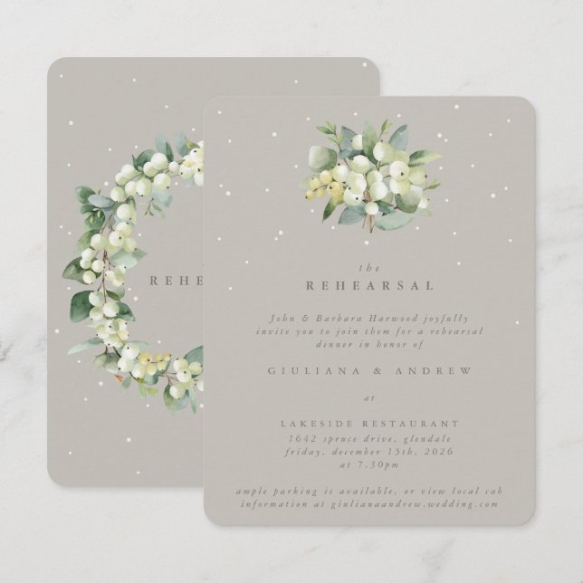 Greige Snowberry+Eucalyptus Wedding Probe Begleitkarte (Vorne/Hinten)