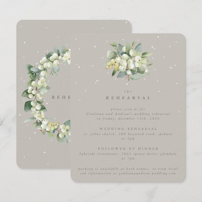 Greige Snowberry+Eucalyptus Wedding Probe Begleitkarte (Vorne/Hinten)