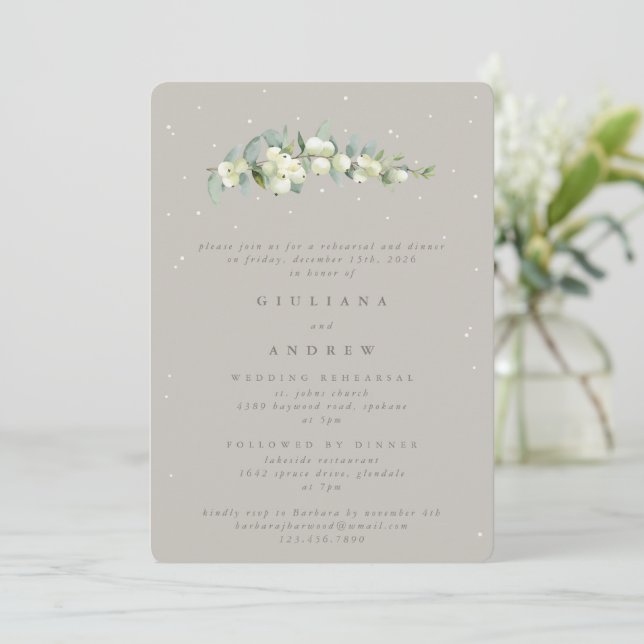 Greige Snowberry+Eucalyptus Wedding Probe Einladung (Stehend Vorderseite)