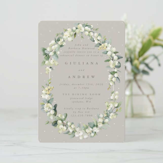 Greige Snowberry+Eucalyptus Wedding Probe Einladung (Stehend Vorderseite)