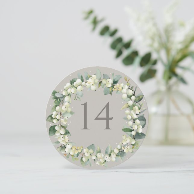 Greige Snowberry+Eucalyptus Wedding Tischnummer (Stehend Vorderseite)