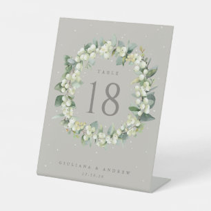 Greige Snowberry+Eucalyptus Wedding Tischnummer Sockelschild