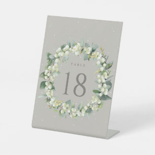 Greige Snowberry+Eucalyptus Wedding Tischnummer Sockelschild