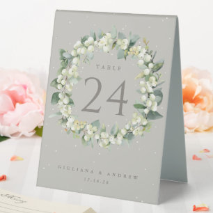 Greige Snowberry+Eucalyptus Wedding Tischnummer Tischaufsteller