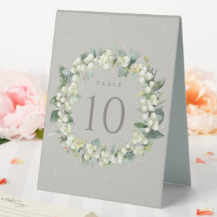 Greige Snowberry+Eucalyptus Wedding Tischnummer Tischaufsteller