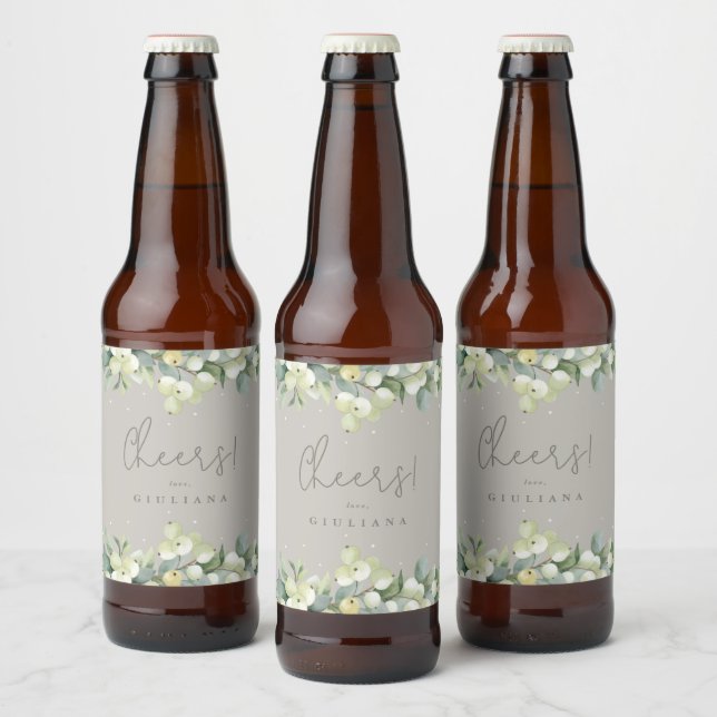 Greige Snowberry+Eucalyptus Winter Bachelorette Bierflaschenetikett (Flaschen)