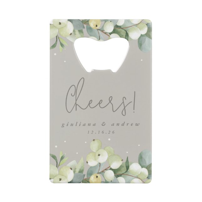 Greige Snowberry+Eucalyptus Winter Wedding Mini Geldbeutel Flaschenöffner (Vorderseite)