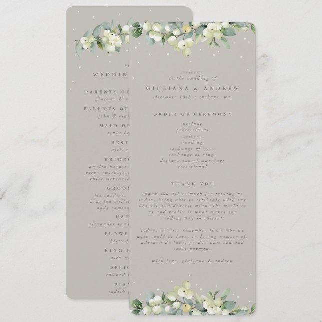 Greige Snowberry+Eucalyptus Winter Wedding Programm (Vorne/Hinten)