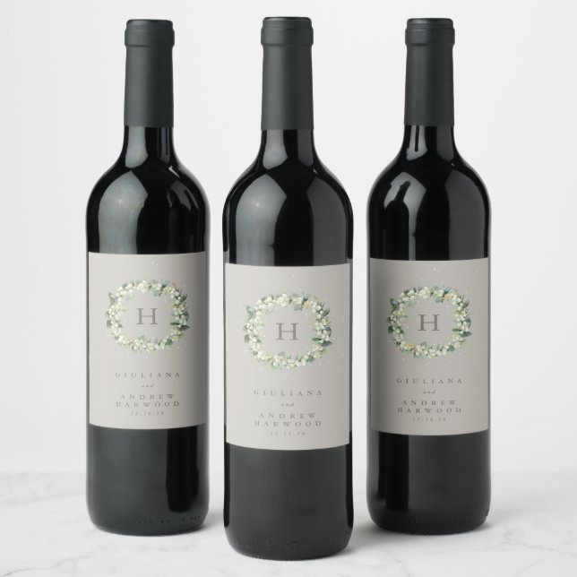 Greige Snowberry+Eucalyptus Winter Wedding Weinetikett (Flaschen)