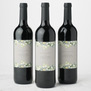 Greige Snowberry+Eucalyptus Winter Wedding Weinetikett