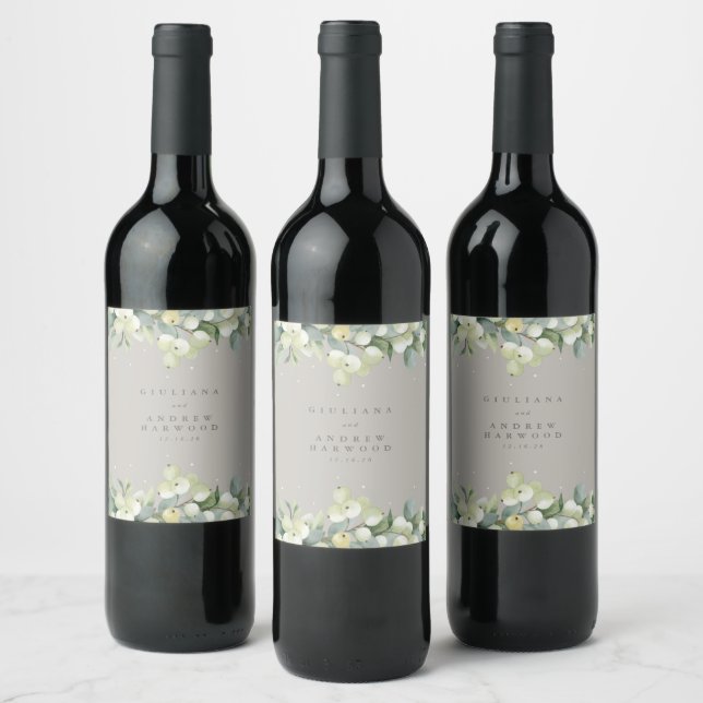 Greige Snowberry+Eucalyptus Winter Wedding Weinetikett (Flaschen)