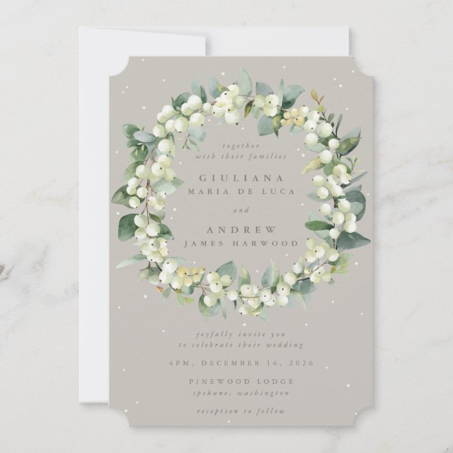 Greige Snowberry+Eucalyptus Wreath Winter Wedding Einladung (Vorderseite)