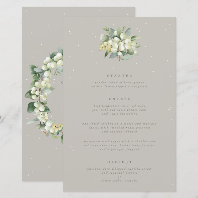 Greige Snowberry+Eukalyptus 3 Course Wedding Menu (Vorne/Hinten)