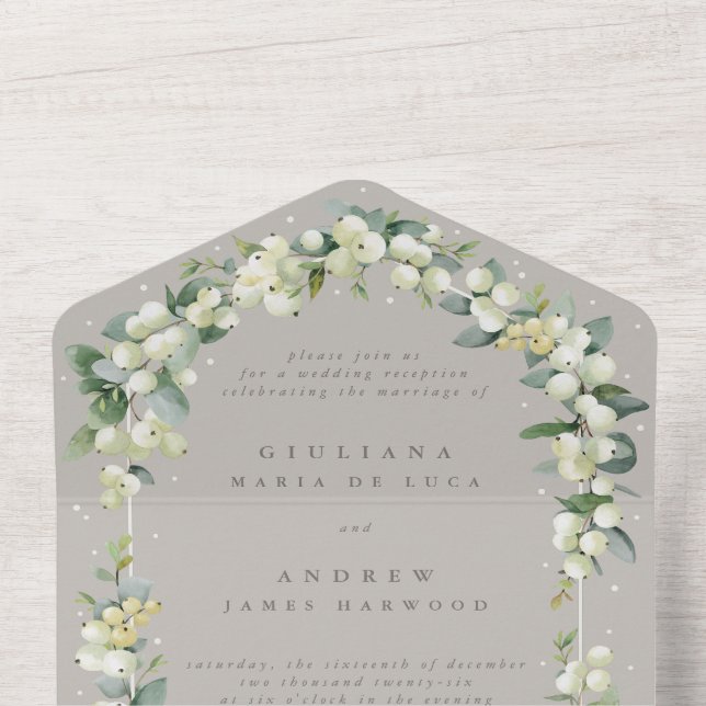 Greige Snowberry+Eukalyptus Wedding Nur Empfang All In One Einladung (Innen Oben)