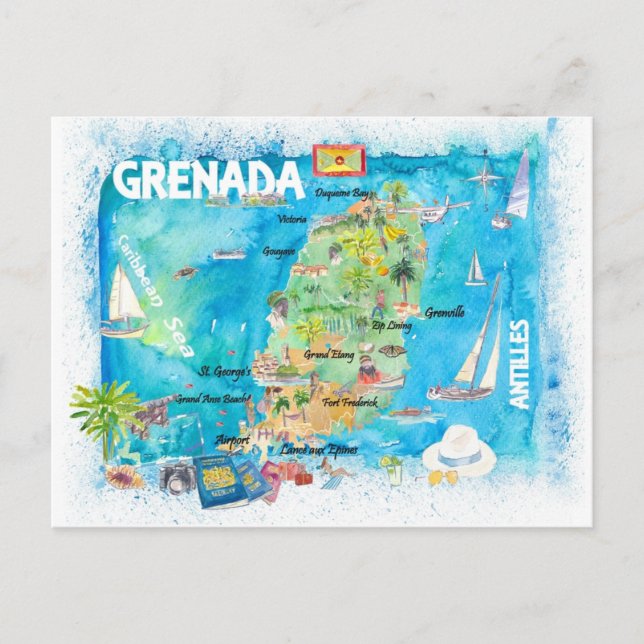 Grenada Antilles Illustrierte Karibik Karte (Vorderseite)