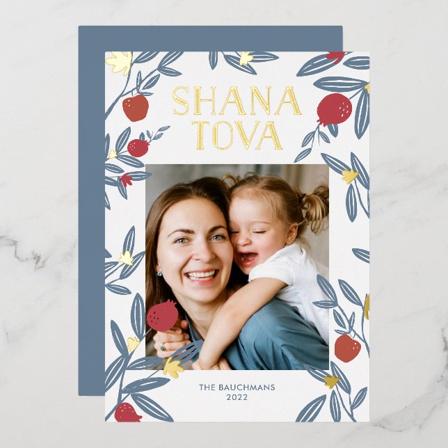 Grenade Florals Rosh Hashanah Carte photo Gold (Recto/Verso)