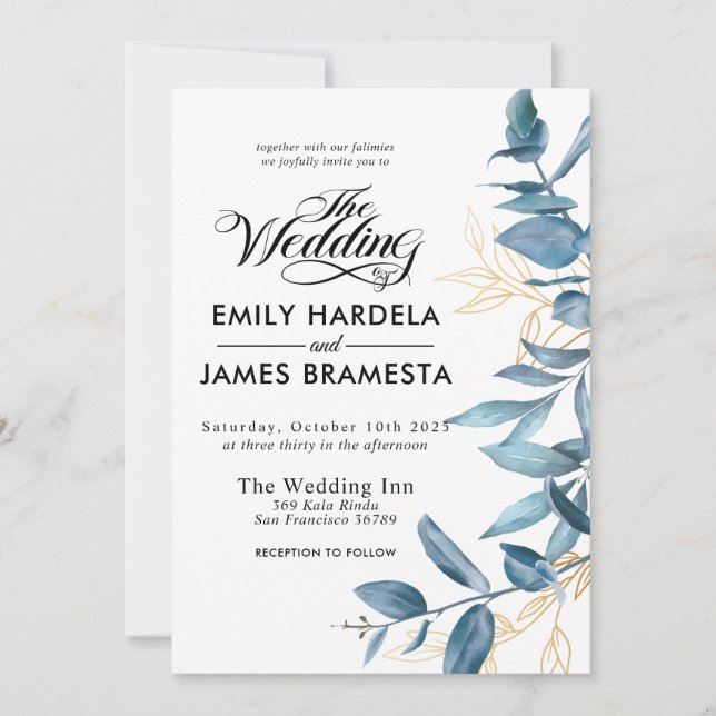 Greneery Watercolor Eukalyptus Budget Hochzeit Einladung (Vorderseite)