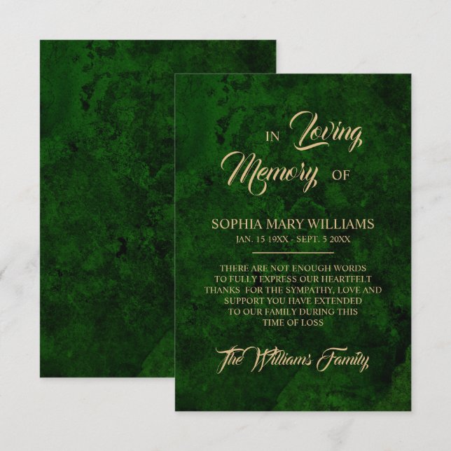 Grenery & Gold Beileid Memory Dankeschön Card Dankeskarte (Vorne/Hinten)