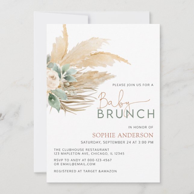 Grennery Boho Pampas Grass Baby Brunch Babydusche Einladung (Vorderseite)