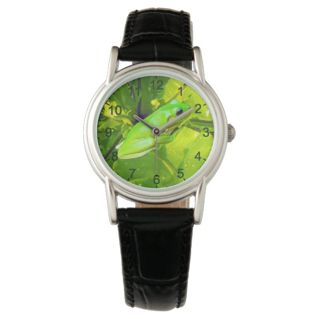 Grenouille à arbre vert, montre en cuir pour dames (devant)