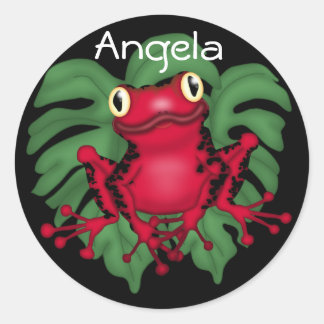 Grenouille Rouge Sur Sticker Rond Feuille Vert