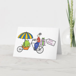 grenouille sur une carte d'anniversaire de vélo