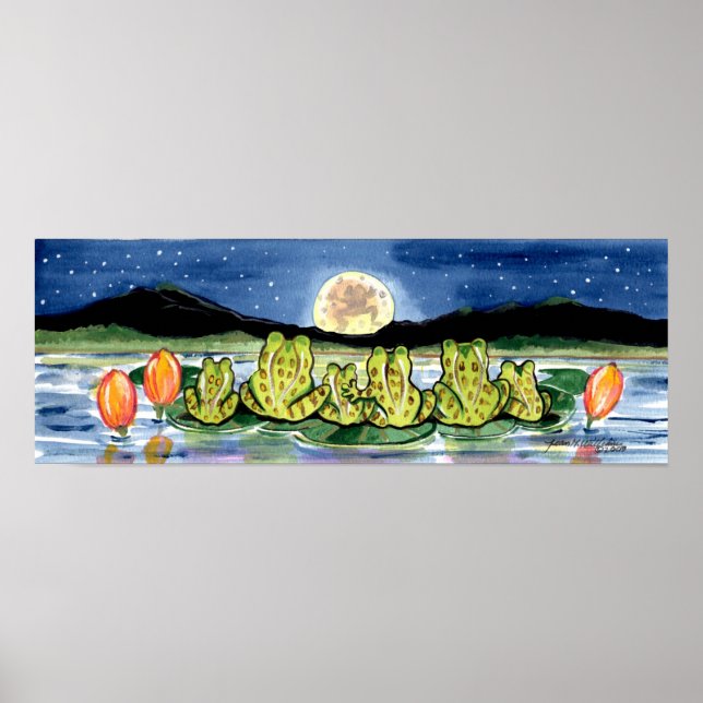 Grenouilles sur Lily Pad Pond Regarder Lune Poster (Devant)