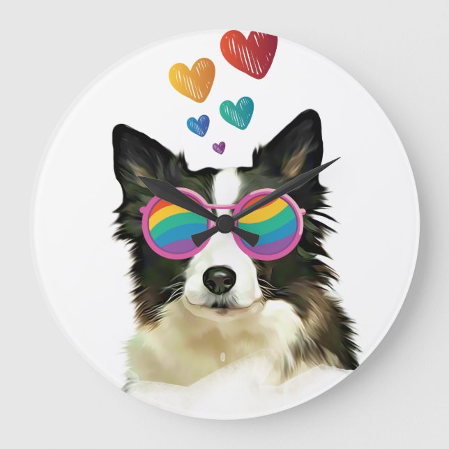 Grenz-Collie-Hund am HerzValentinstag Große Wanduhr (Vorderseite)