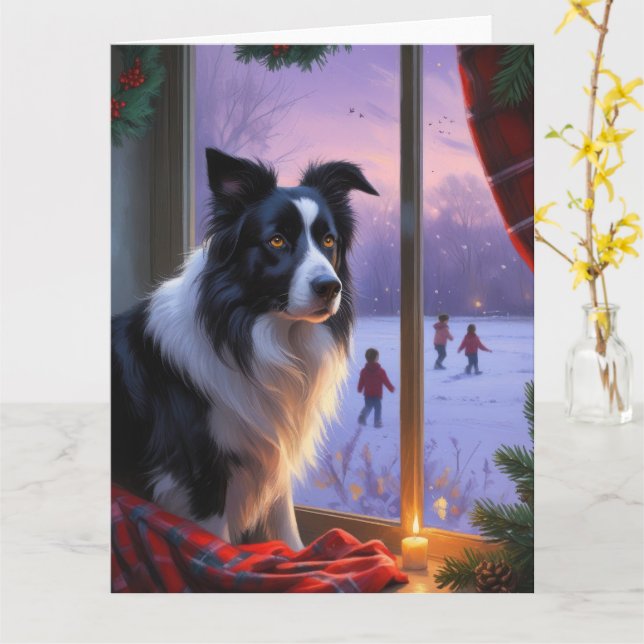 Grenz-Collie mit Weihnachtsbeleuchtung Karte (Gelbe Blume)