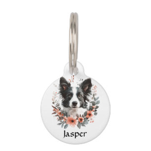 Grenz-Collie-Portrait mit Blumenrahmen Haustiermarke