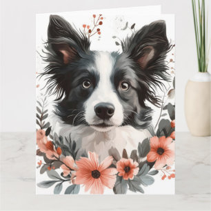 Grenz-Collie-Portrait mit Blumenrahmen Karte