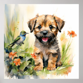 Grenz-Terrier-Welpe mit Hummingbird Poster