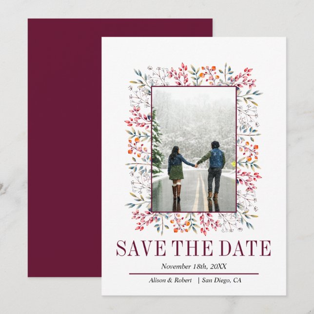 Grenz von Blätter und Beeren Bordeaux Hochzeit Save The Date (Vorne/Hinten)