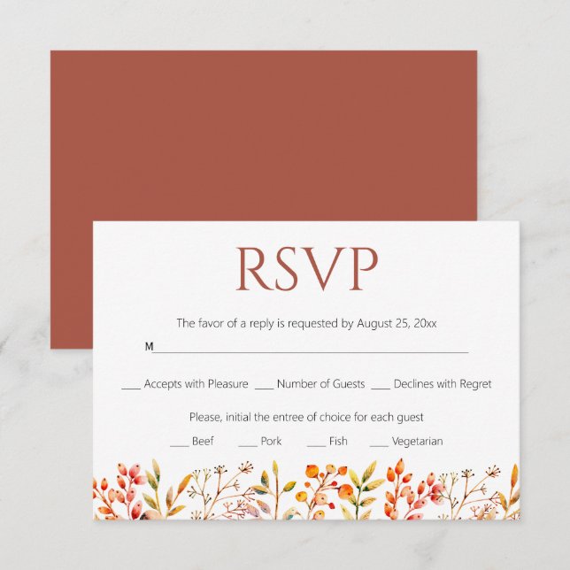 Grenze der Blätter und Beeren Terrakotta Hochzeit RSVP Karte (Vorne/Hinten)