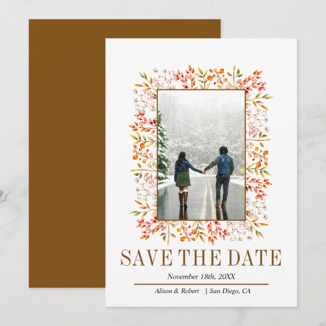 Grenze der braunen Hochzeit von Blätter und Beeren Save The Date (Vorne/Hinten)