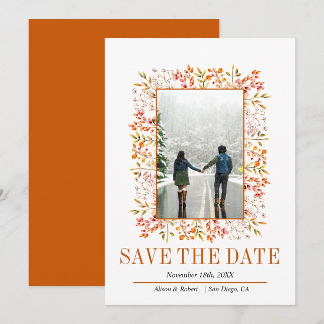Grenze der Orangenhochzeit von Blätter und Beeren Save The Date (Vorne/Hinten)