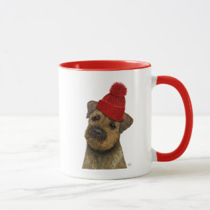 Grenze Terrier mit Rot Bobble Hut 3 Tasse