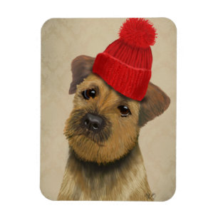 Grenze Terrier mit Rot Bobble Hut Magnet