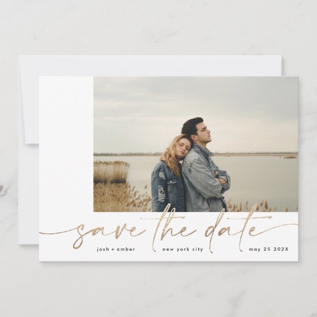 grenzenlos | Moderne, einfache Goldfolie aus weiße Save The Date (Vorderseite)