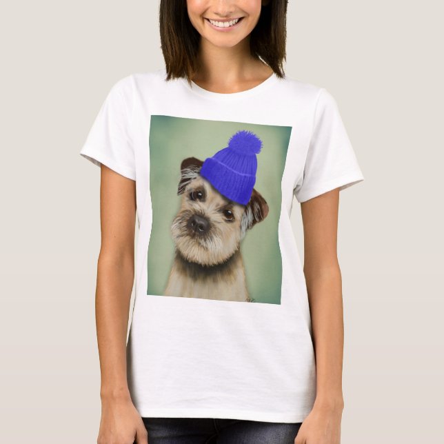 Grenzer Terrier mit blauem Bobble Hat T-Shirt (Vorderseite)